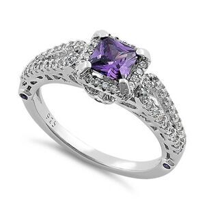 Sterling Silver Lavish Princess Cut Amethyst CZ Ring